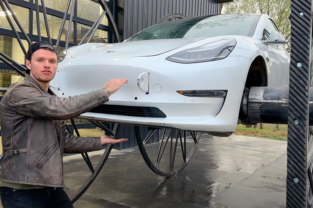Tesla Model 3 10-Foot-Tall Wagon Wheels Mod