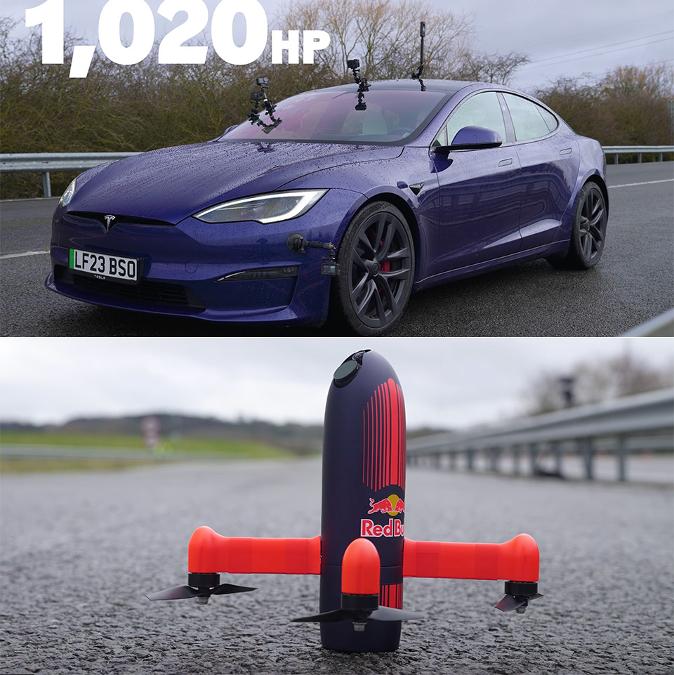 Tesla Model S Plaid vs Camera Drone Drag Race